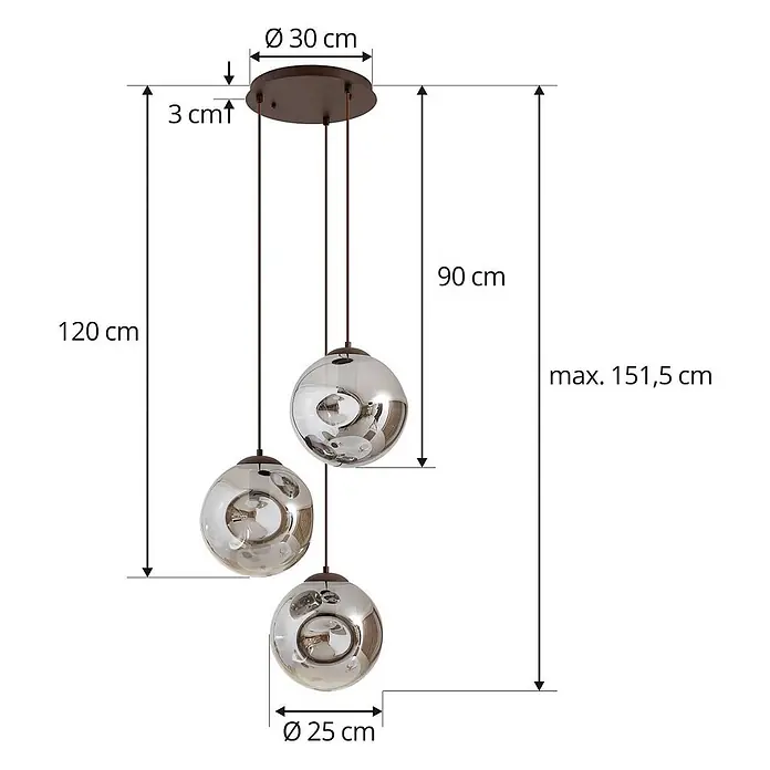 Lindby Pendelleuchte Valentina - alu / grau / zink, rauchgrau, kaffee, E27 - Dreiflammige Pendelleuchte mit rauchfarbenen Glasschirmen und braunem Deckenbaldachin.