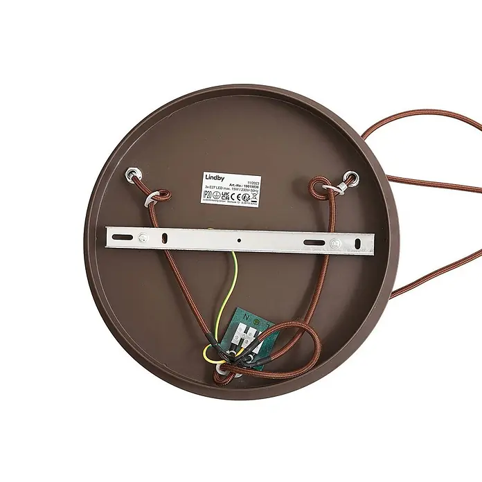 Lindby Pendelleuchte Valentina - alu / grau / zink, rauchgrau, kaffee, E27 - Unterseite einer braunen Deckenleuchte, zeigt elektrische Anschlüsse, Montagehalterung und Produktetikett.