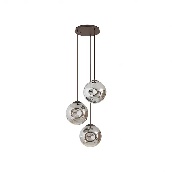 Lindby Pendelleuchte Valentina - alu / grau / zink, rauchgrau, kaffee, E27 - Dreiflammige Pendelleuchte mit dunkelbrauner Deckenplatte und Kabeln, mit silbern getönten, texturierten Glaskugeln.