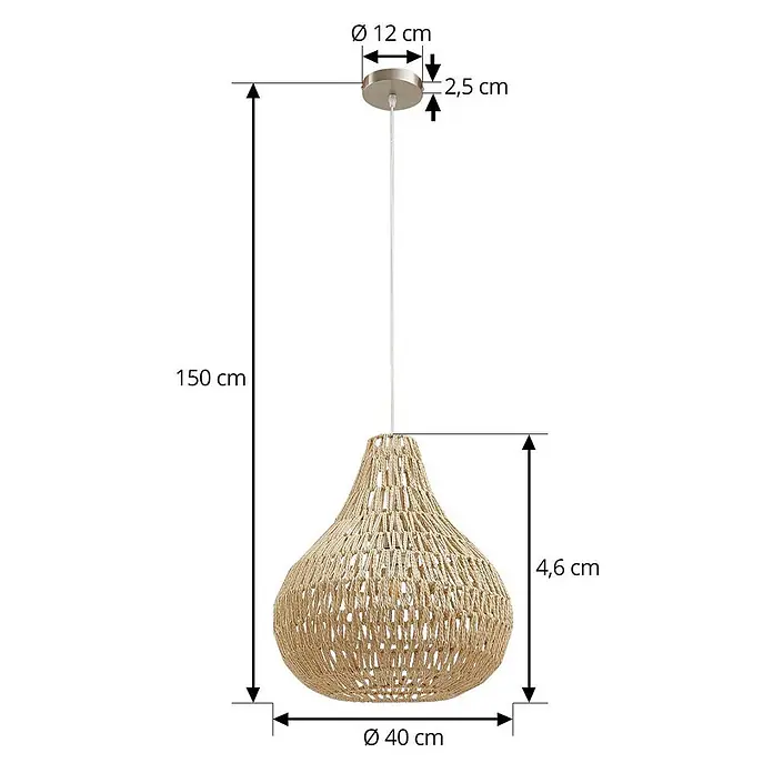 Lindby Pendelleuchte Miryam - Holz hell, hanfseil natur, E27 - Hängelampe mit glockenförmigem Schirm aus geflochtenen Naturfasern und Metall-Deckenhalterung.