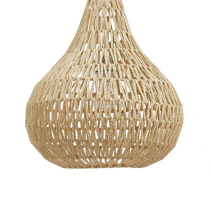 Lindby Pendelleuchte Miryam - Holz hell, hanfseil natur, E27 - Glockenförmige Hängelampe aus Naturfasergewebe mit sichtbarer Glühbirne.