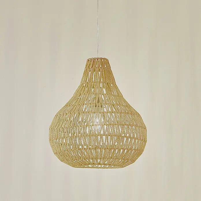 Lindby Pendelleuchte Miryam - Holz hell, hanfseil natur, E27 - Hellbraune tropfenförmige gewebte Pendelleuchte mit sichtbarer Glühbirne.