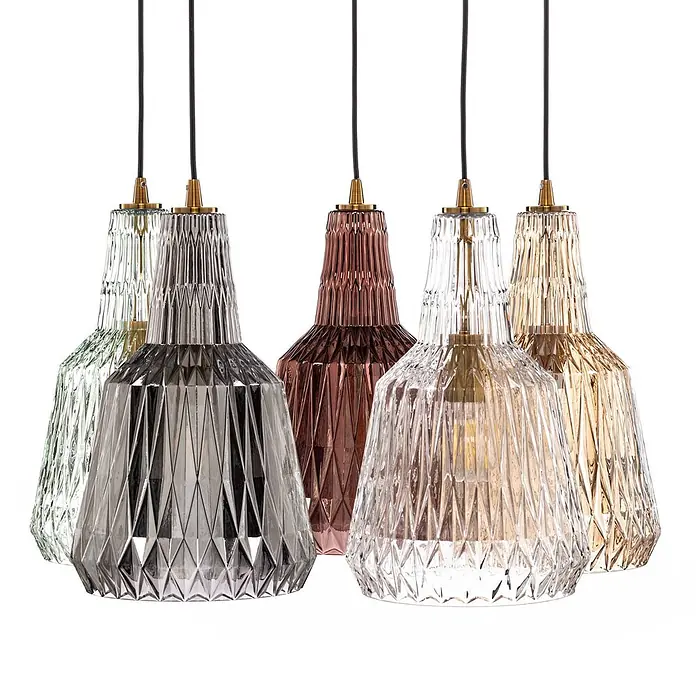 Lindby Pendelleuchte Belarion - L x B x H: 65 x 65 x 35 cm, Multicolour, bernstein, rauchgrau, hellGrün, transparent, Kupfer, E27 - Fünf Hängelampen mit facettierten Glasschirmen in Grün, Grau, Kupfer, Klar und Amber, mit Messingfassungen.