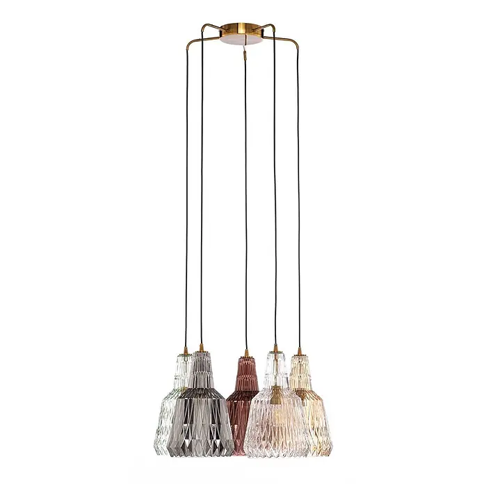 Lindby Pendelleuchte Belarion - L x B x H: 65 x 65 x 35 cm, Multicolour, bernstein, rauchgrau, hellGrün, transparent, Kupfer, E27 - Fünf mehrfarbige Pendelleuchten aus facettiertem Glas mit schwarzen Kabeln und einer Messinghalterung.