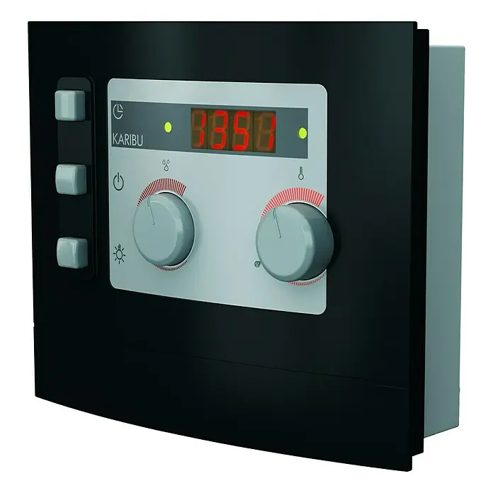 Karibu Massivholzsauna Sonara - Mit 9 kW Bio-Ofen mit externer Steuerung, Mit Dachkranz und Beleuchtung, L x B x H: 259 x 210 x 192 cm - Nahaufnahme einer Karibu-Saunasteuerung mit Knöpfen, Digitalanzeige und Temperaturreglern.