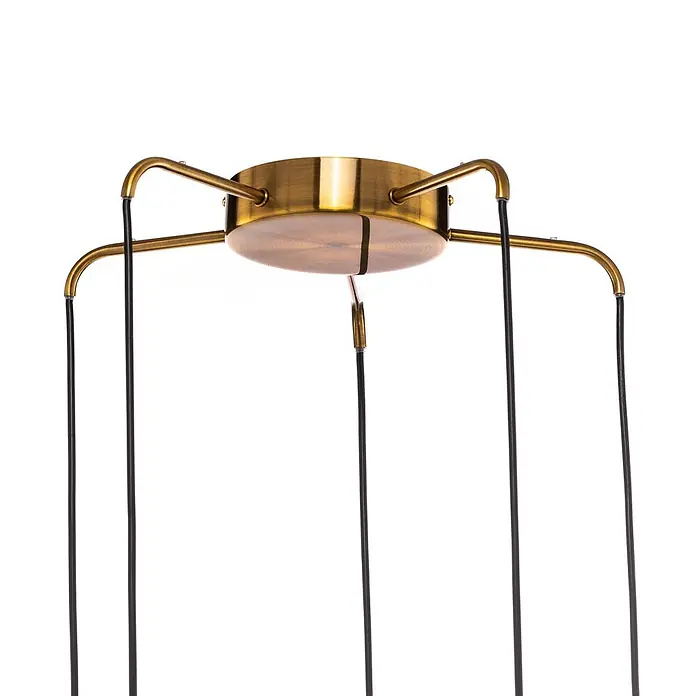 Lindby Pendelleuchte Belarion - L x B x H: 65 x 65 x 35 cm, Multicolour, bernstein, rauchgrau, hellGrün, transparent, Kupfer, E27 - Deckenbefestigung aus Antikmessing für Mehrfach-Pendelleuchte mit Armen und schwarzen Kabeln.