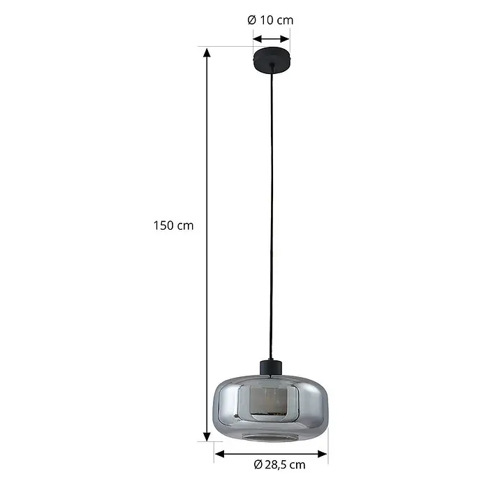 Lindby Pendelleuchte Hildur - L x B x H: 28,5 x 28,5 x 14,5 cm, alu / grau / zink, rauchgrau, sandSchwarz, E27 - Hängeleuchte aus Rauchglas mit schwarzem Baldachin und Kabel. Gesamthöhe 150 cm, Schirm Ø 28,5 cm.