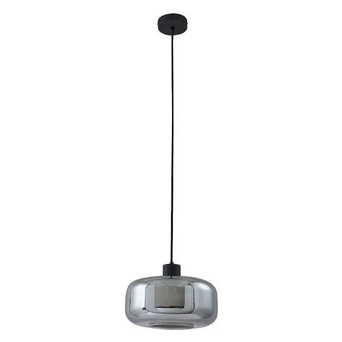 Lindby Pendelleuchte Hildur - L x B x H: 28,5 x 28,5 x 14,5 cm, alu / grau / zink, rauchgrau, sandSchwarz, E27 - Schwarze Pendelleuchte mit rundem Rauchglas-Schirm.