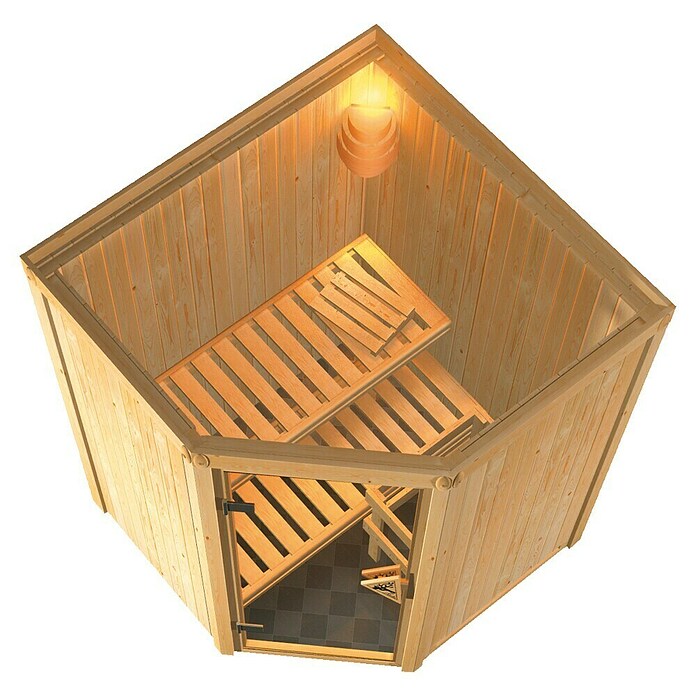 Karibu Systemsauna Larin (Mit 9 kW Saunaofen mit integrierter Steuerung, Mit Dachkranz und Beleuchtung, 151 x 151 x 198 cm)