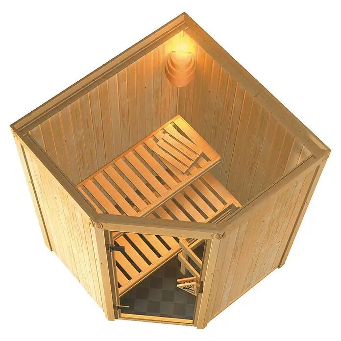 Karibu Elementsauna Nanja - Ohne Ofen, Mit Dachkranz und Beleuchtung, L x B x H: 165 x 165 x 192 cm - Einblick in eine gemütliche Holzsauna mit Bänken und einer traditionellen Lampe für entspannende Momente.