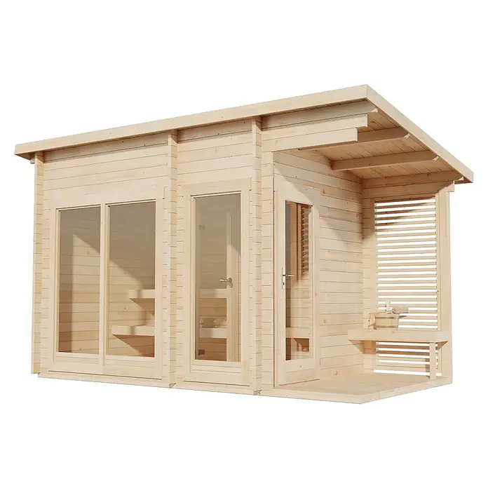 FinnTherm Saunahaus Lizzy M 40mm Wandstärke -  - Helle Gartensauna aus Holz mit großen Glasfenstern und integriertem Sitzbereich im Freien.