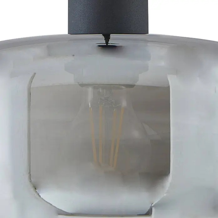 Lindby Pendelleuchte Hildur - L x B x H: 28,5 x 28,5 x 14,5 cm, alu / grau / zink, rauchgrau, sandSchwarz, E27 - Dunkelgraue Pendelleuchte mit transparentem Glasschirm und sichtbarer LED-Glühbirne.