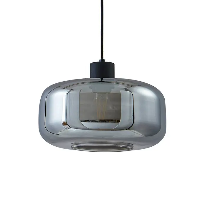 Lindby Pendelleuchte Hildur - L x B x H: 28,5 x 28,5 x 14,5 cm, alu / grau / zink, rauchgrau, sandSchwarz, E27 - Rauchgraue, abgerundete, rechteckige Pendelleuchte aus Glas mit schwarzem Abschluss und sichtbarer Glühbirne.