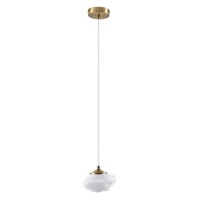 Lindby Pendelleuchte Piatra - L x B x H: 15,5 x 15,5 x 8,5 cm, weiß / opal, weiß, messing, G9 - Pendelleuchte aus unregelmäßigem weißem Glas mit Messing-Baldachin und Fassung.