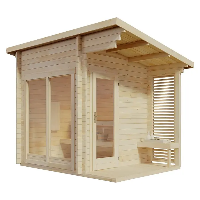 FinnTherm Saunahaus Lizzy S - L x B x H: 251 x 33 x 262 cm - Helle Holzsaunakabine für den Außenbereich mit Glastür und Fenster, inklusive Lamellensichtschutz und Ablage.