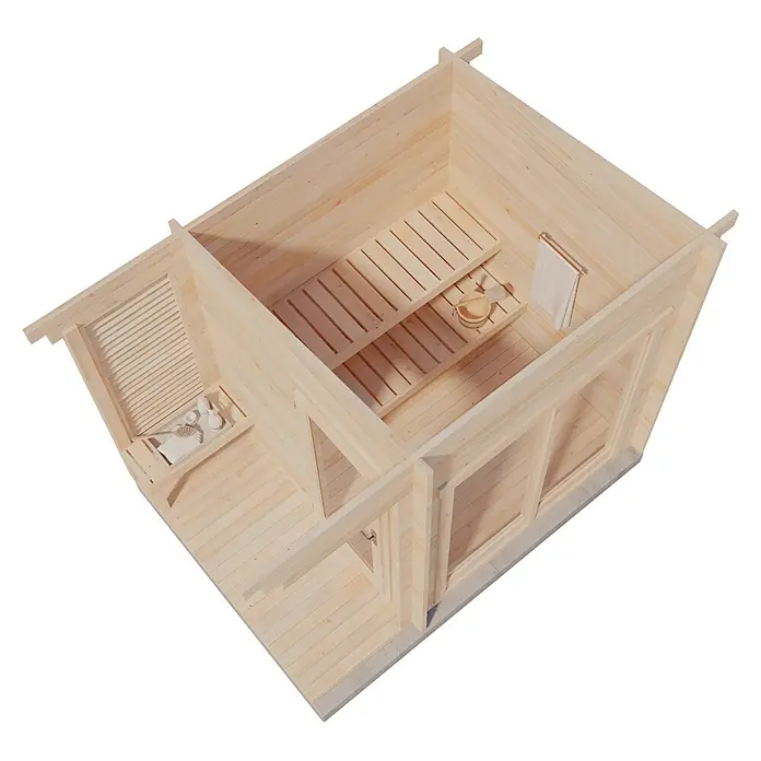 FinnTherm Saunahaus Lizzy S - L x B x H: 251 x 33 x 262 cm - Hellholz Saunahaus-Innenansicht mit Bänken, Eimer, Kelle, Handtuch und Badeartikeln. Offenes Dach.