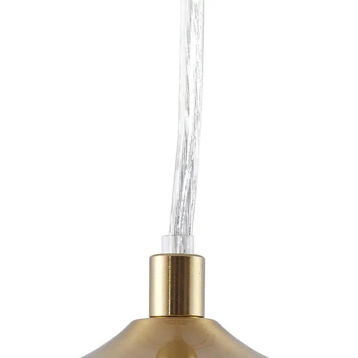 Lindby Pendelleuchte Piatra - L x B x H: 15,5 x 15,5 x 8,5 cm, weiß / opal, weiß, messing, G9 - Oberteil einer Messing-Pendelleuchte: klares geflochtenes Kabel verbindet sich mit einem zylindrischen Messingfitting und einem breiteren Messingelement.