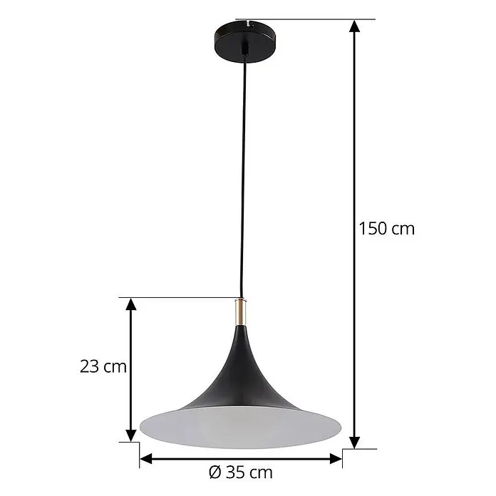 Lindby Pendelleuchte Jarl - L x B x H: 35 x 35 x 23 cm, schwarz, Schwarz, G9 - Schwarze Pendelleuchte mit konischem Schirm und Goldakzent. Gesamthöhe 150 cm, Schirmdurchmesser 35 cm.