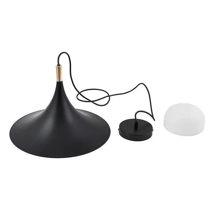 Lindby Pendelleuchte Jarl - L x B x H: 35 x 35 x 23 cm, schwarz, Schwarz, G9 - Zerlegte schwarze Metall-Pendelleuchte mit messingfarbenem Akzent, bestehend aus glockenförmigem Schirm, schwarzer Deckenrosette und weißem Diffusor.