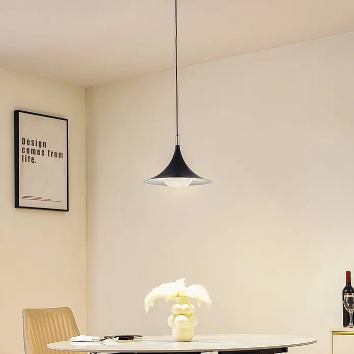 Lindby Pendelleuchte Jarl - L x B x H: 35 x 35 x 23 cm, schwarz, Schwarz, G9 - Schwarze konische Pendelleuchte, die einen Essbereich beleuchtet.