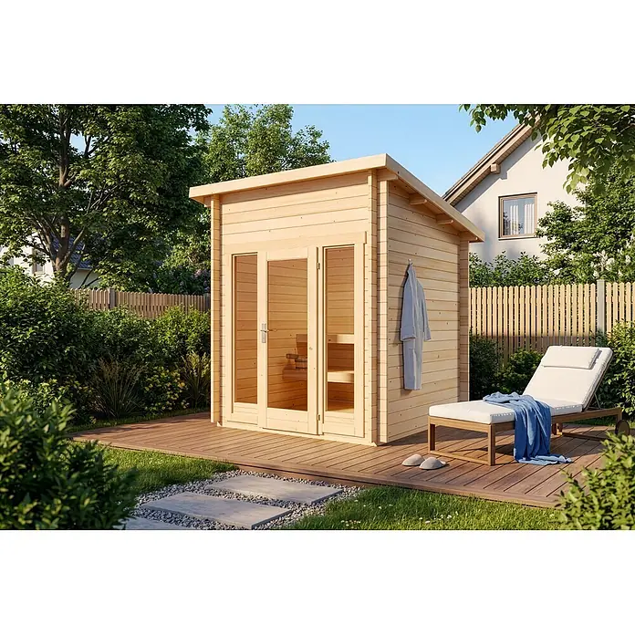 FinnTherm Saunahaus Lizzy XXS - L x B x H: 251 x 248 x 262 cm - Helle Holz-Außen-Saunakabine in einem üppigen Garten mit Liegestuhl auf einer Holzterrasse.