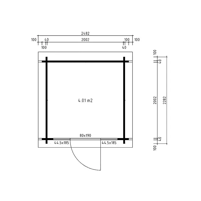 FinnTherm Saunahaus Lizzy XXS - L x B x H: 251 x 248 x 262 cm - Technischer Plan eines rechteckigen Gartenhauses mit Grundrissmaßen und Türdetails.