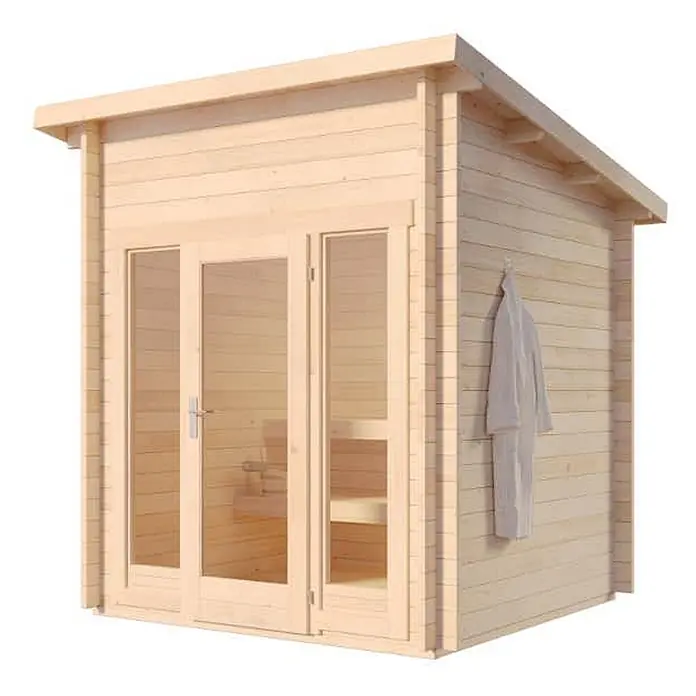 FinnTherm Saunahaus Lizzy XXS - L x B x H: 251 x 248 x 262 cm - Helle Holzsaunakabine mit Glas-Doppeltüren und einer Glaswand, die Innenbänke zeigt. Ein Bademantel hängt an der Seite.