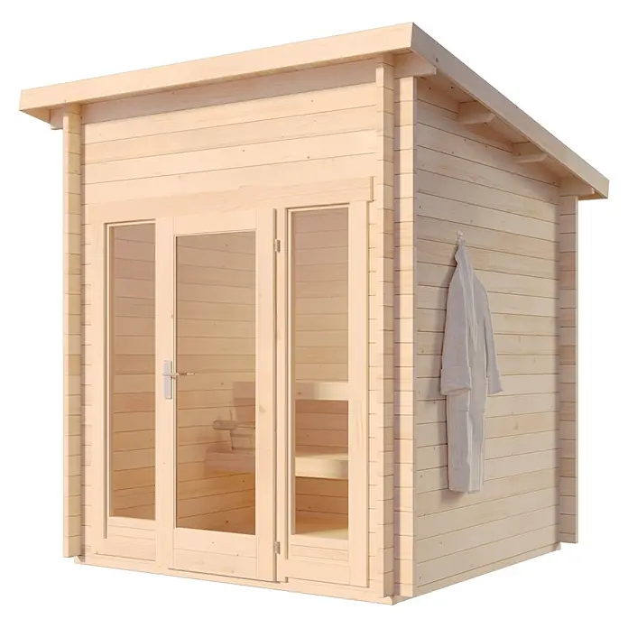 FinnTherm Saunahaus Lizzy XXS - L x B x H: 251 x 248 x 262 cm - Helle Holzsauna mit Glastüren, sichtbaren Bänken innen und Bademantel außen.