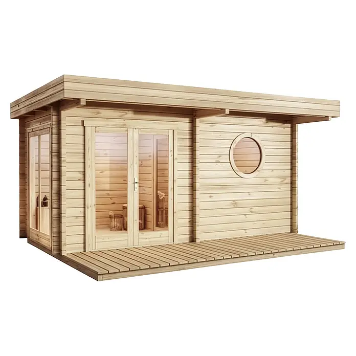 FinnTherm Saunahaus Enns 70 - L x B x H: 354 x 508 x 236 cm - Outdoor-Sauna aus hellem Holz mit Flachdach, Glas-Doppeltüren und Rundfenster. Mit kleiner Holzterrasse.