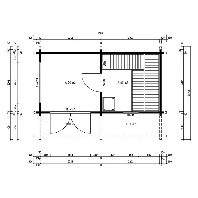 FinnTherm Saunahaus Enns 70 - L x B x H: 354 x 508 x 236 cm - Grundriss eines Gebäudeteils mit Raumaufteilung, Flächen und detaillierten Maßen in Millimetern zur Bauplanung.