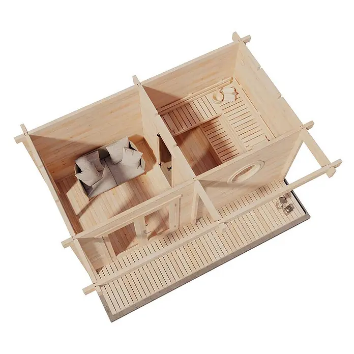 FinnTherm Saunahaus Enns 70 - L x B x H: 354 x 508 x 236 cm - Mehrräumige Sauna-Hütte aus hellem Holz mit Sitzbereich, Sauna und Außenterrasse.