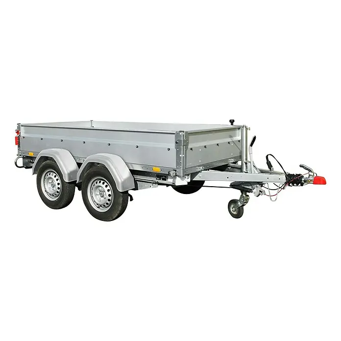 Stema Anhänger BASIC ST 1500-25-13.2 - Nutzlast: 1.140 kg, Doppelachser, Kasteninnenmaß: 251 x 128 x 35 cm, Gebremst - Silberner Anhänger mit doppelter Achse und rotem Reflektor. Ideal für den Transport von Gütern und Materialien.