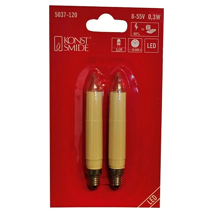 Konstsmide LED-Ersatzbirne -  - Zwei cremefarbene LED-Kerzenersatzbirnen in einer roten Blisterverpackung.