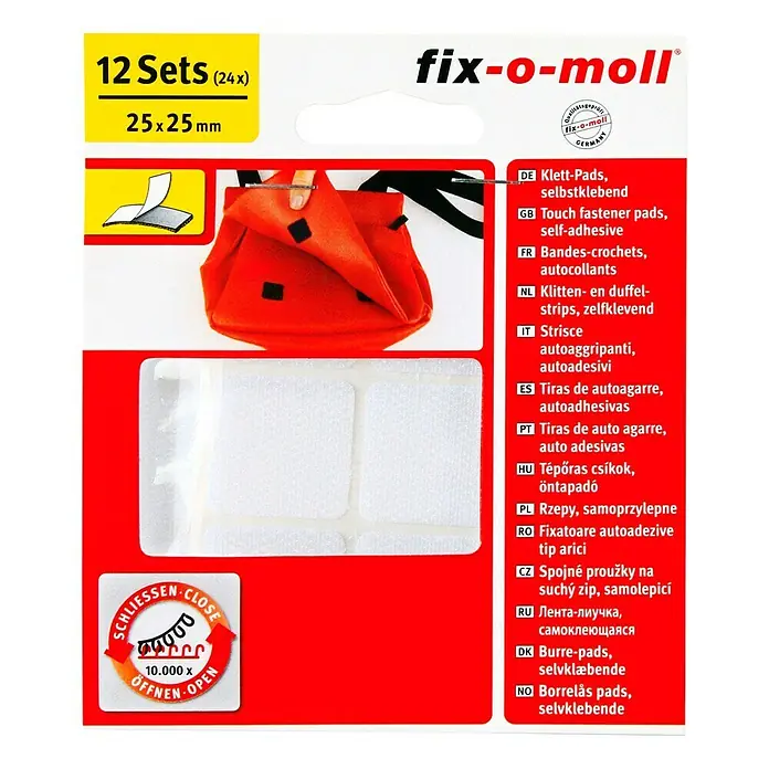 Fix-o-moll Klettpad - 25 x 25 mm, Weiß, Kleben, 12 Stk. - Selbstklebende Klett-Pads von Fix-o-moll, 12 Sets (24 Stück), 25x25 mm, für vielseitige Anwendungen im Haushalt und Büro.