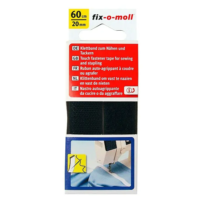 Fix-o-moll Klettband zum Nähen - 60 cm x 20 mm, Schwarz - Bild einer Packung fix-o-moll Klettband zum Nähen oder Tackern, 60cm lang und 20mm breit.