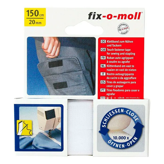 Fix-o-moll Klettband zum Nähen - 150 cm x 20 mm, Weiß - Bild einer Fix-o-moll Klettbandpackung mit 150 cm Länge und 20 mm Breite, ideal zum Nähen und Tackern.