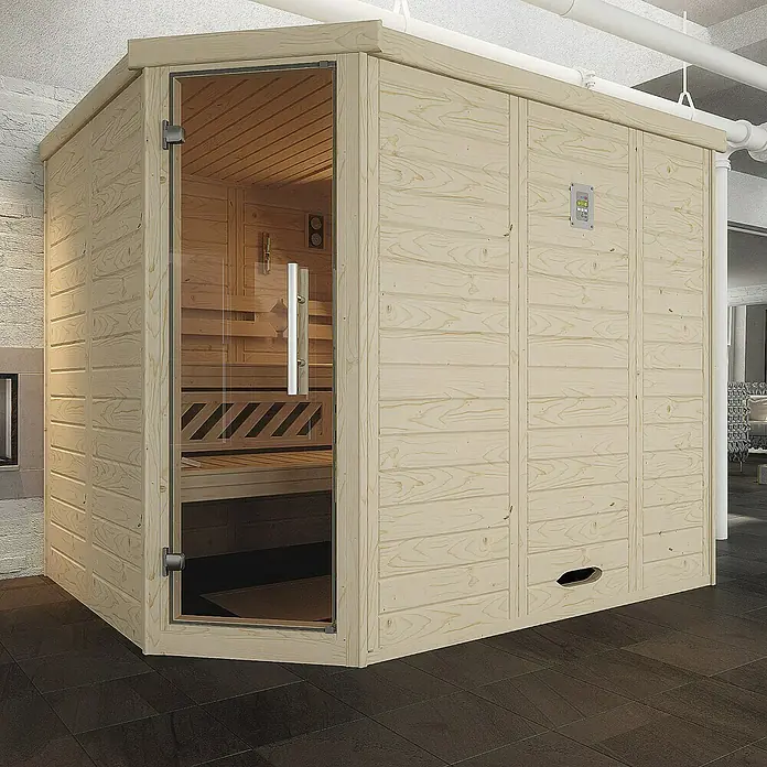 Weka Massivholzsauna KEMI Eck 7,5 kW OS GT Gr.3 Typ 1 - Mit 7,5 kW Ofen mit externer Steuerung, L x B x H: 245 x 200 x 195 cm - Helle Holzsauna mit Glastür. Die Sauna verfügt über ein Bedienfeld und einen Lüftungsschlitz an der Seite.