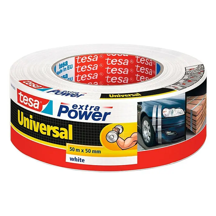 Tesa Extra Power Cinta adhesiva de papel universal - Blanco, 50 m x 50 mm - Un rollo de cinta Tesa Extra Power Universal, 50m x 50mm en blanco. Ideal para diversas aplicaciones domésticas y artesanales.