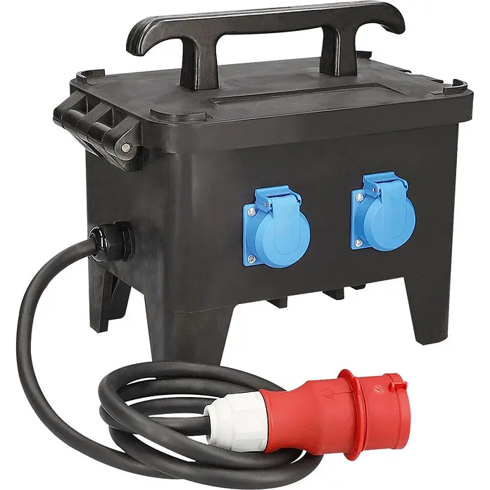 as-schwabe Baustromverteiler M24 - Anzahl CEE-Steckdosen: 1 Stk., Anzahl Steckdosen Schuko: 3 Stk., IP44 - Schwarzer Stromverteilerkasten mit zwei blauen CEE-Steckdosen, Tragegriff und schwarzem Kabel mit rotem CEE-Stecker.