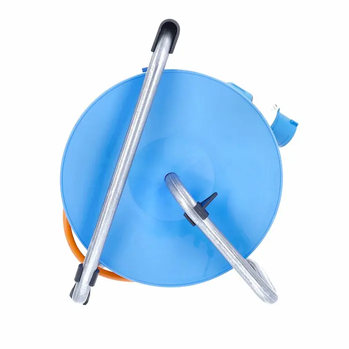 as-schwabe Kabeltrommel H07BQ-F 3G2,5 - Kunststoff, 25 m, IP44 - Blaue Kunststoff-Schlauchhaspel mit orangefarbenem Schlauch und silbernem Metallrahmen.