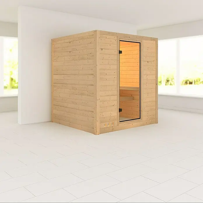 Karibu Elementsauna Mojave - Ohne Ofen, Ohne Dachkranz, Materialspezifizierung Tür: Ganzglas Bronze, L x B x H: 196 x 196 x 192 cm - Ein Innenansicht des vorgefertigten Sauna-Kit für ein entspannendes und gesundes Erlebnis, ideal für Ihr Zuhause.