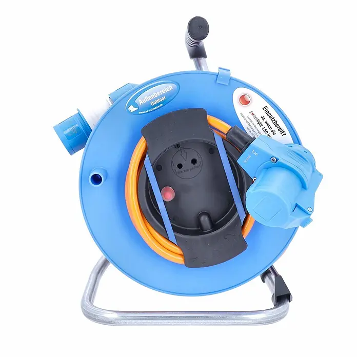 as-schwabe Kabeltrommel H07BQ-F 3G2,5 - Kunststoff, 25 m, IP44 - Blaue Outdoor-Kabeltrommel mit orangefarbenem Kabel, CEE-Stecker und Schuko-Steckdose mit Bereitschaftsanzeige.