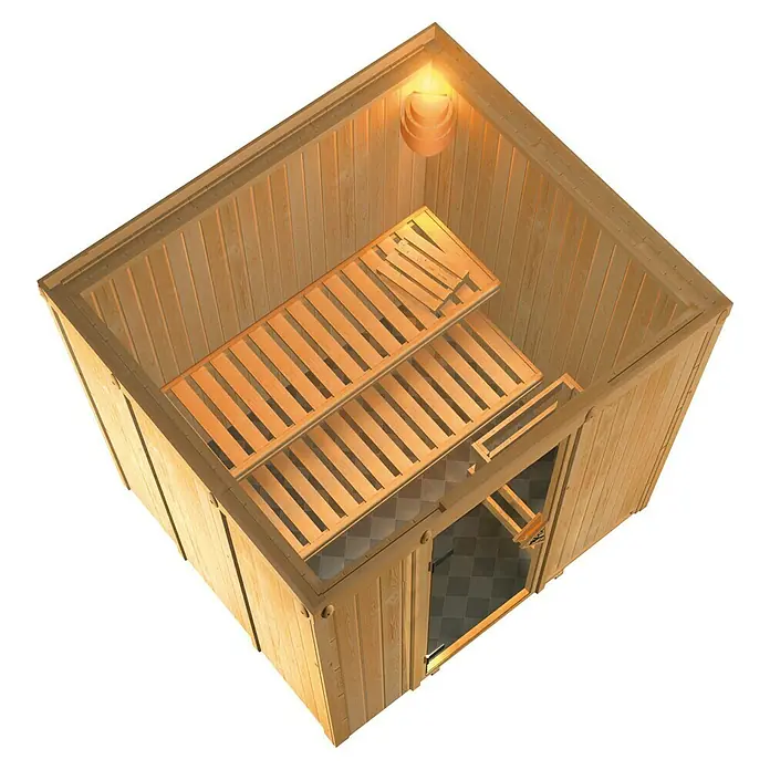 Karibu Elementsauna Daria - Ohne Ofen, Ohne Dachkranz, L x B x H: 196 x 170 x 192 cm - Innenansicht einer modernen Sauna mit Holzverkleidung, Bänken und Glasfront, die zum Entspannen einlädt.