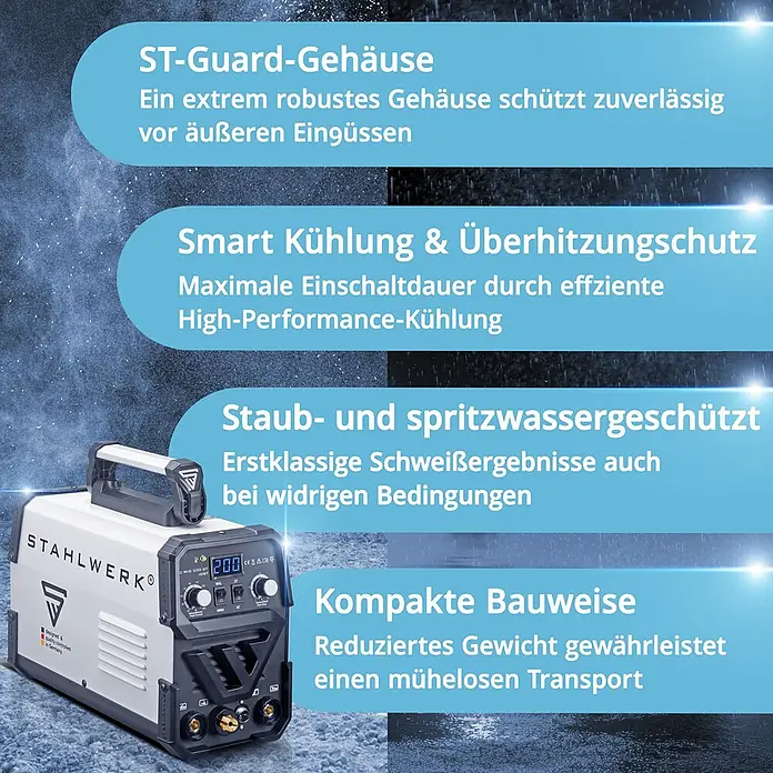 STAHLWERK WIG-Schweißgerät Schweißgerät DC WIG 200 ST IGBT Vollausstattung -  - Weiß-schwarzes STAHLWERK Schweißgerät mit Tragegriff, robust, kompakt und staub- sowie spritzwassergeschützt.