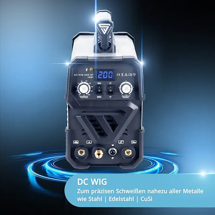 STAHLWERK WIG-Schweißgerät Schweißgerät DC WIG 200 ST IGBT Vollausstattung -  - Schwarz-weiße DC WIG 200 ST IGBT Schweißmaschine mit Digitalanzeige und Bedienelementen, zum präzisen Metallschweißen.
