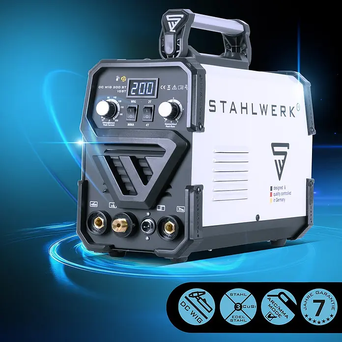 STAHLWERK WIG-Schweißgerät Schweißgerät DC WIG 200 ST IGBT Vollausstattung -  - Eine weiß-schwarze STAHLWERK DC WIG 200 ST Schweißmaschine mit Digitalanzeige 200 A für WIG- und MMA-Schweißverfahren.