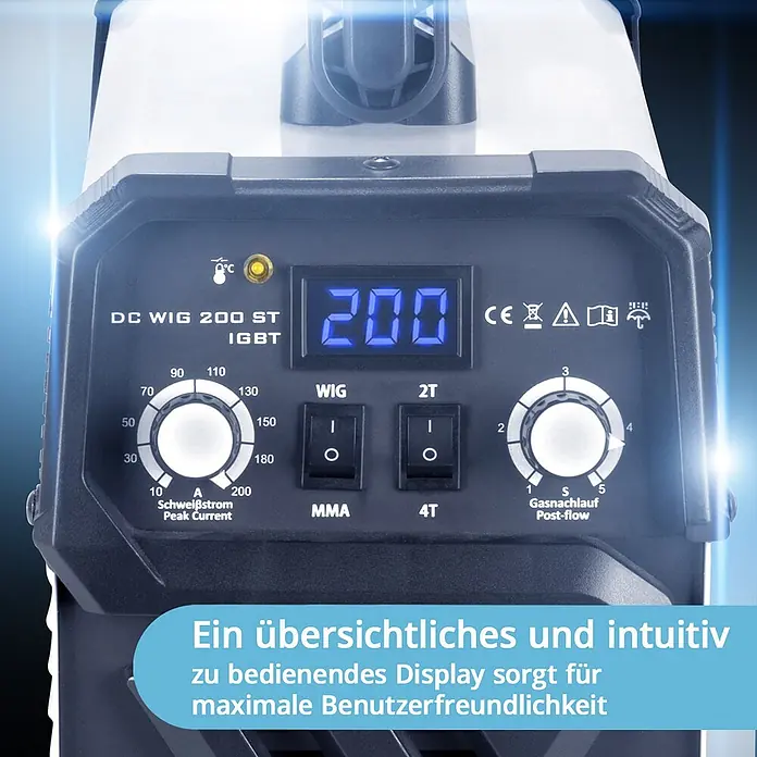 STAHLWERK WIG-Schweißgerät Schweißgerät DC WIG 200 ST IGBT Vollausstattung -  - Nahaufnahme der dunkelgrauen Bedienblende eines Schweißgeräts mit blauer Digitalanzeige „200“, großem Stromregler und Schaltern.