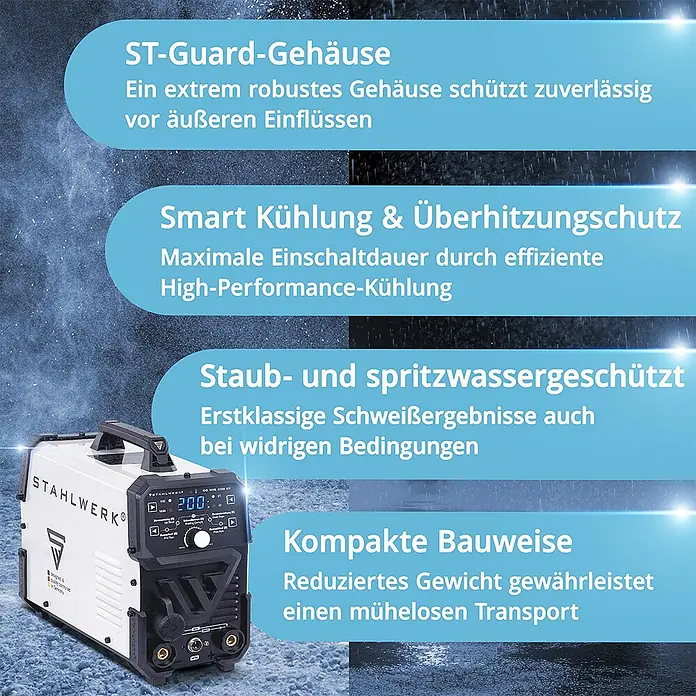 STAHLWERK WIG-Schweißgerät Kombi Schweißgerät DC WIG 200 ST - Schweißstrom: 200 A, 230 V - Eine kompakte, weiß-schwarze Inverter-Schweißmaschine mit Griff, robust gebaut.