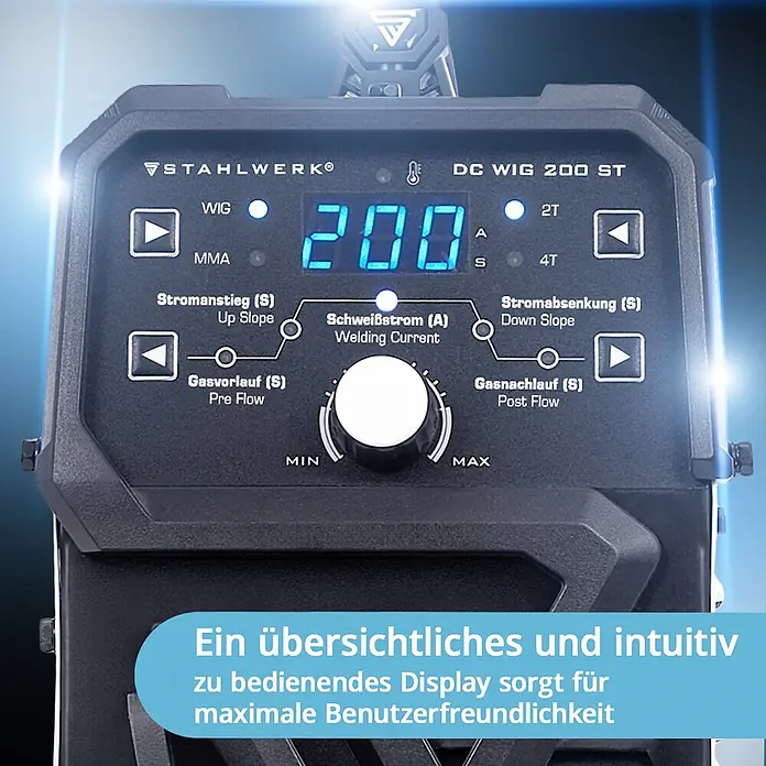 STAHLWERK WIG-Schweißgerät Kombi Schweißgerät DC WIG 200 ST - Schweißstrom: 200 A, 230 V - Dunkelgraues Bedienfeld eines Schweißgeräts mit blauer Digitalanzeige '200', verschiedenen Einstellungen und großem Drehregler.