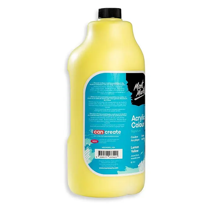 Mont Marte Acrylfarbe Signature - Zitronengelb, 2.000 ml, Flasche mit Tropfpipette - Eine große gelbe Flasche Mont Marte Acrylfarbe in Zitronengelb.